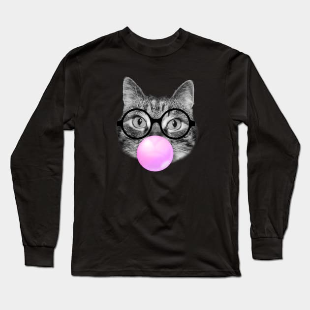 Funny cat blowing a pink bubble gum Long Sleeve T-Shirt by Purrfect